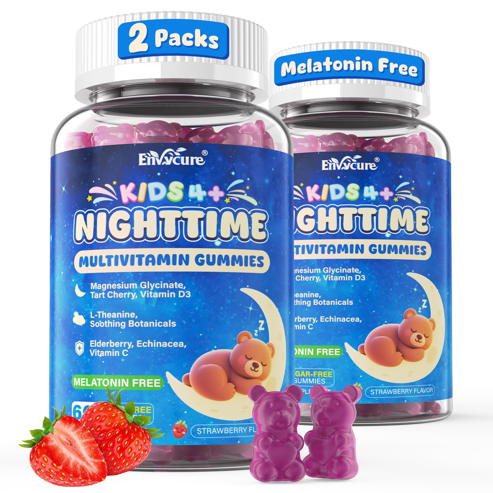 EnvyCure Kids 4+ Nighttime Multivitamin bottle shown for calm evenings and immune support.
