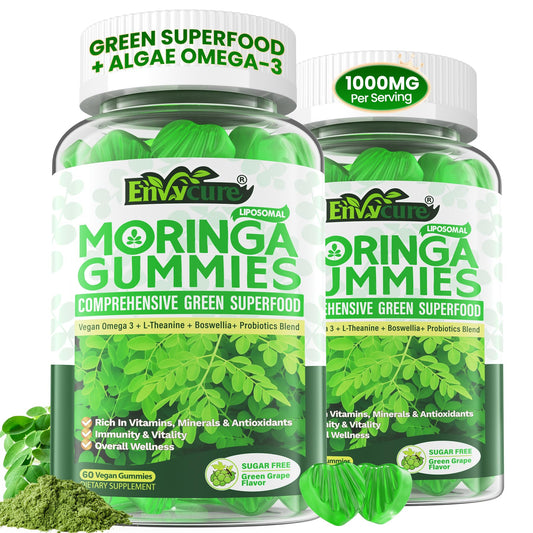 EnvyCure liposomal moringa gummies bottle highlighting energy support