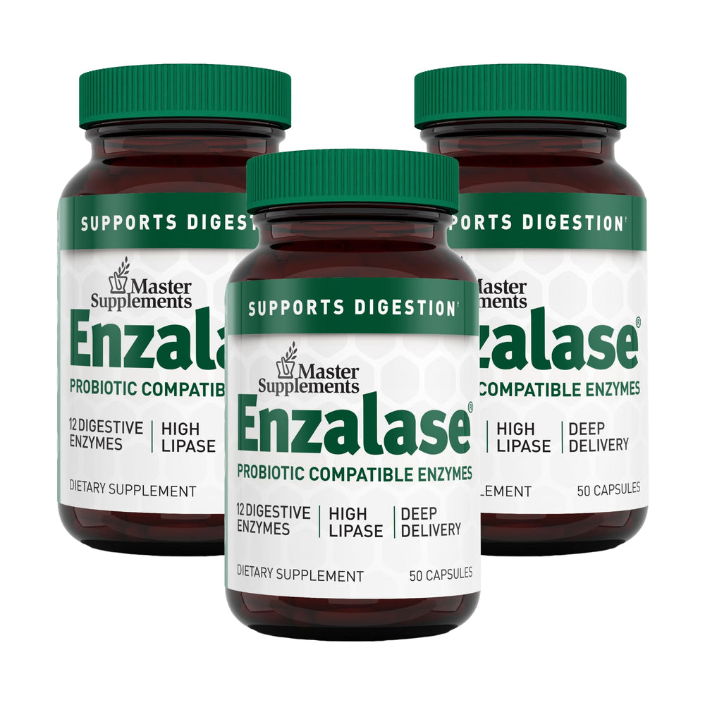 Enzalase master supplements bottle front displaying vegan enzymes for digestive support.