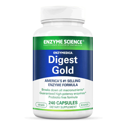 Enzyme Science Digest Gold bottle close-up suggesting post-meal digestion support