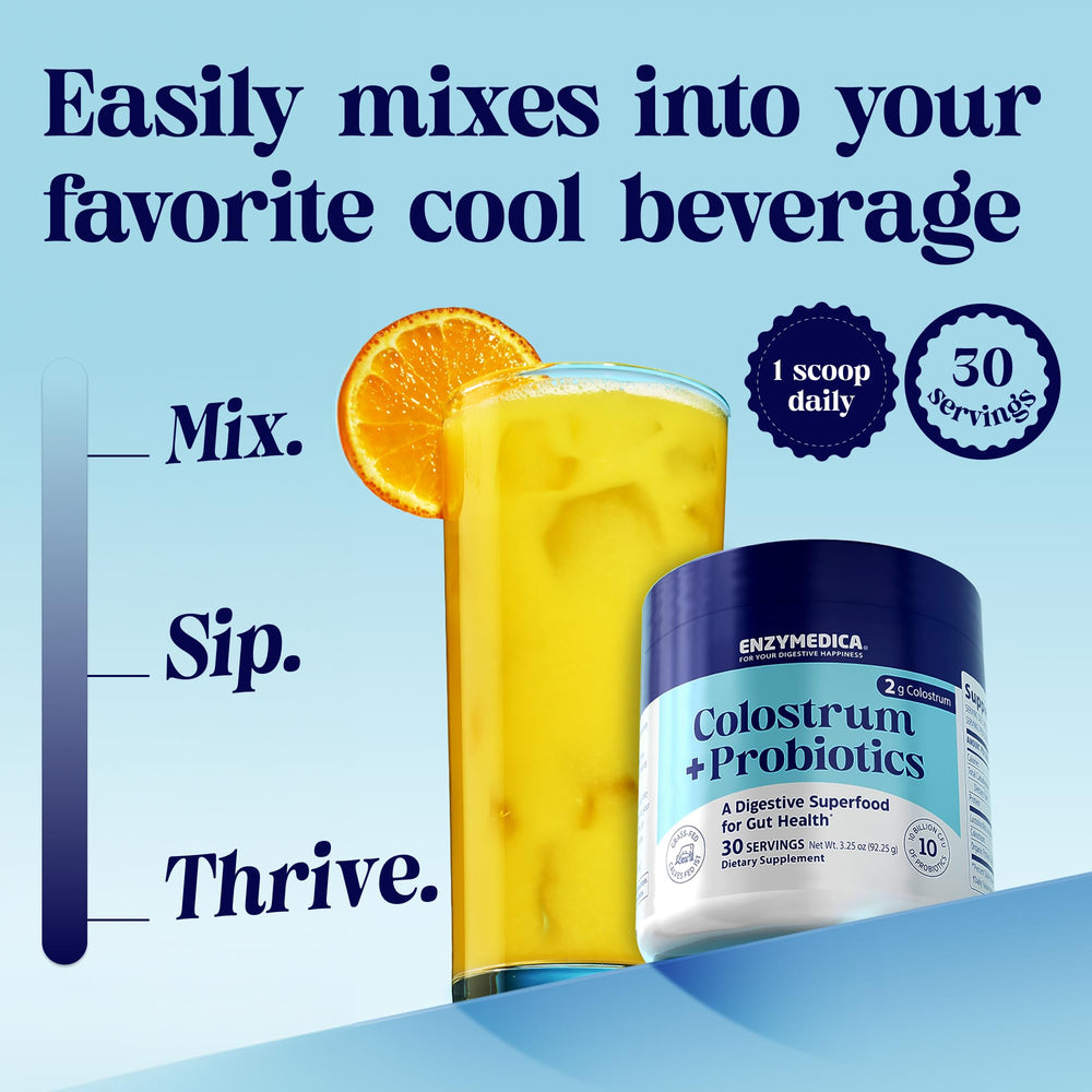 Enzymedica Colostrum Grass-fed origin label signals ethical sourcing.