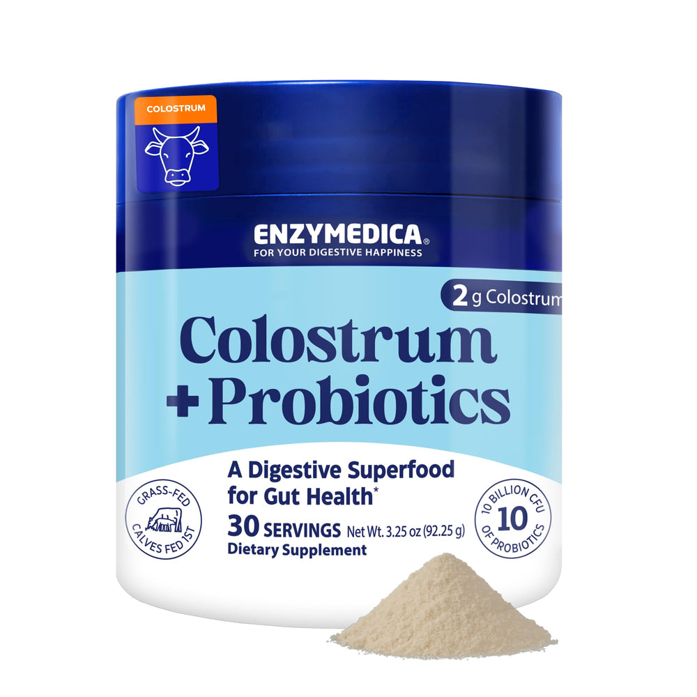 Enzymedica Colostrum Powder bottle promotes gut integrity and immune balance.