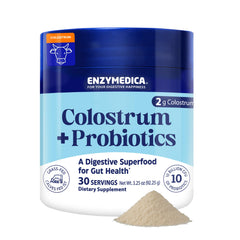 Enzymedica Colostrum Powder bottle promotes gut integrity and immune balance.