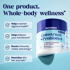 Enzymedica Colostrum Probiotics graphic highlights microbiome diversity support.