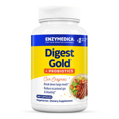 Enzymedica Digest Gold bottle shows the enzyme-probiotic blend for gut support.