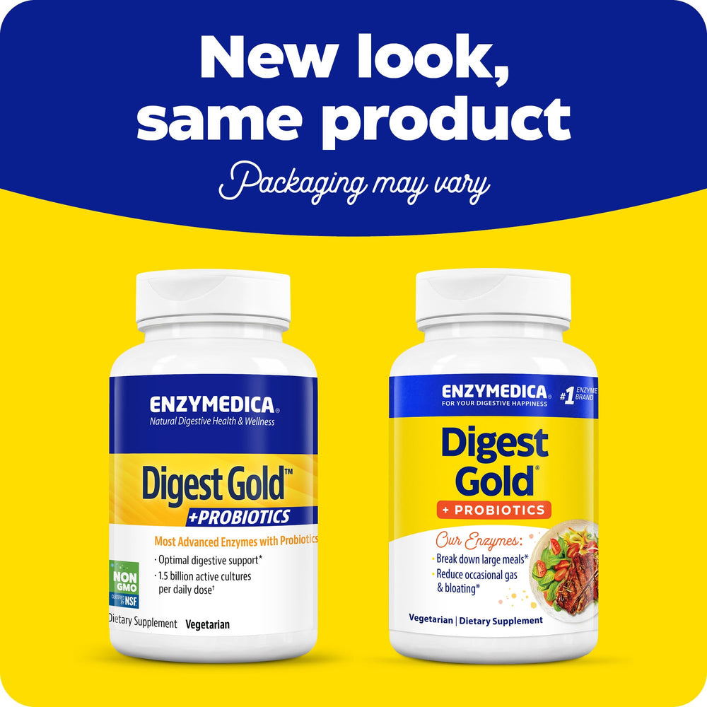 Close-up of Digest Gold capsules highlighting Thera-blend enzymes.