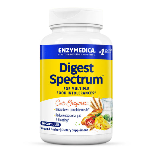 Enzymedica Digest Spectrum bottle highlights the advanced enzyme blend for digestion comfort