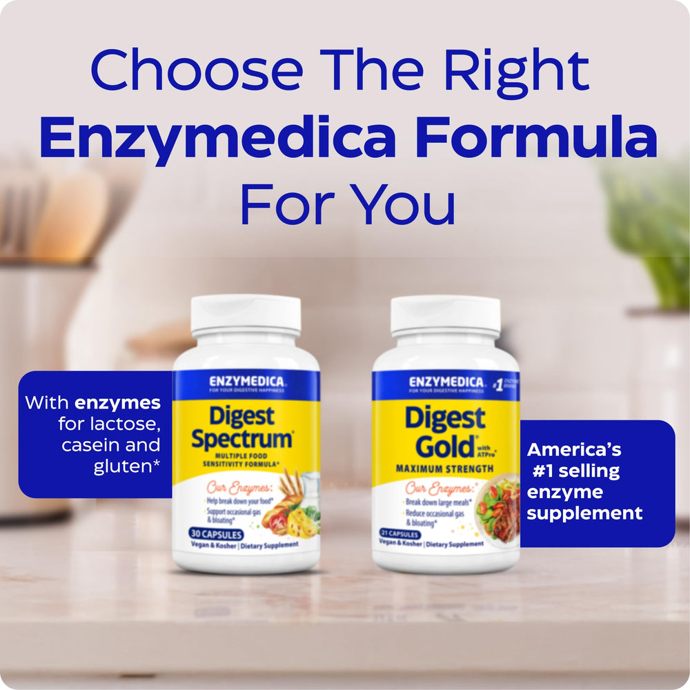 Enzymedica Digest Spectrum capsules in hand suggest easy dosing with meals.