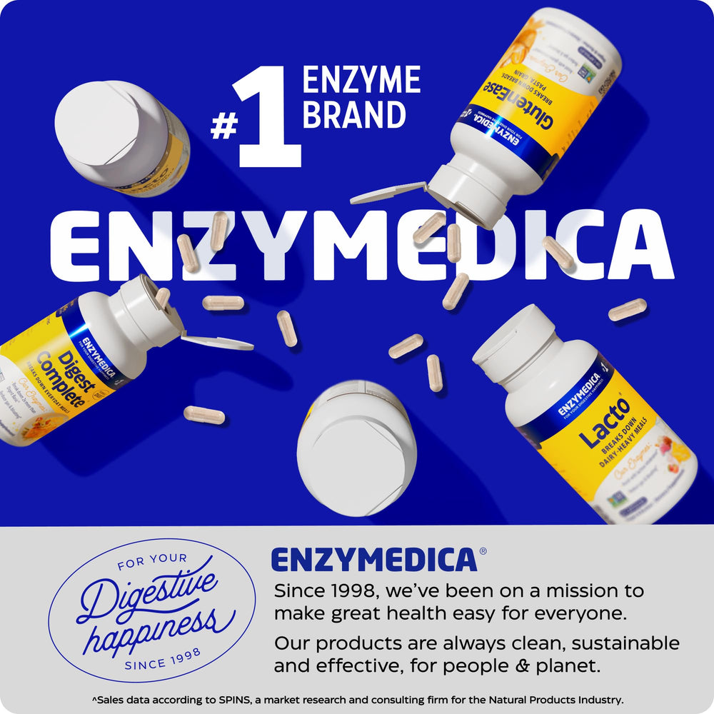 Enzymedica GlutenEase bottle on kitchen counter for gluten-aware meals.