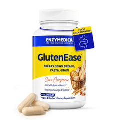 Enzymedica GlutenEase bottle pour showing easy-to-take capsules for gluten and casein support.