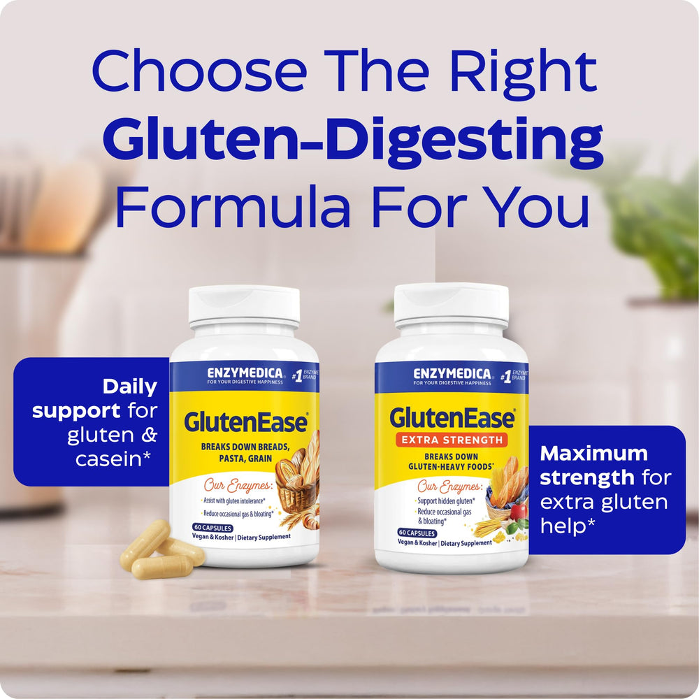 Enzymedica GlutenEase box back nutrition info notes protein and carb support.