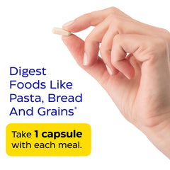 Enzymedica GlutenEase capsules in hand illustrating portable, fast-acting potential.