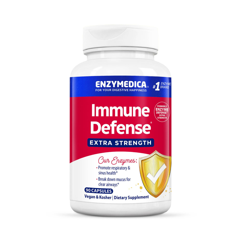 Enzymedica Immune Defense bottle front highlights double-strength formula for everyday immune support