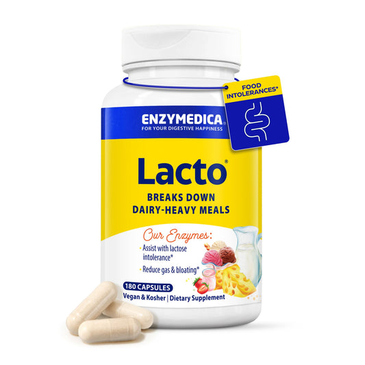 Enzymedica Lacto bottle front shows dairy digestion support with lactase enzymes.
