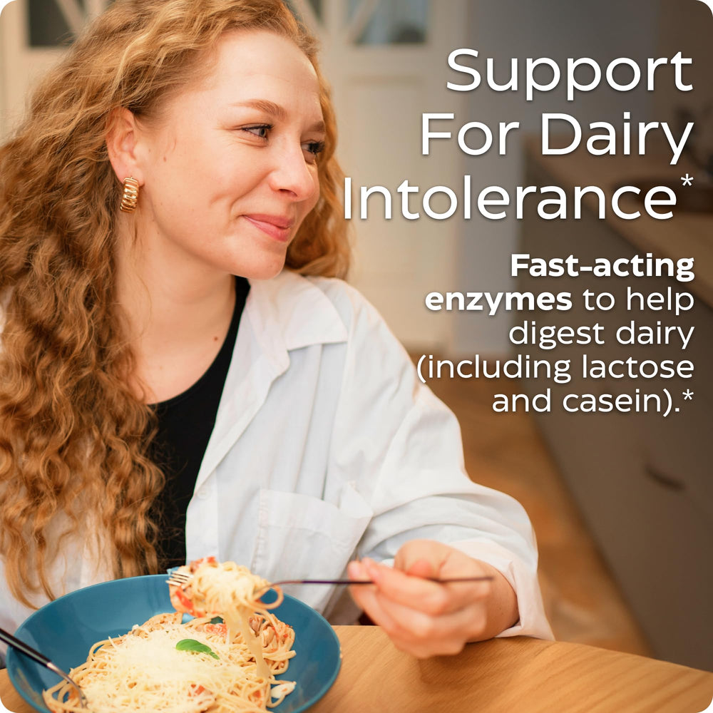 Enzymedica Lacto bottle pour demonstrates on the go dairy digestion aid.