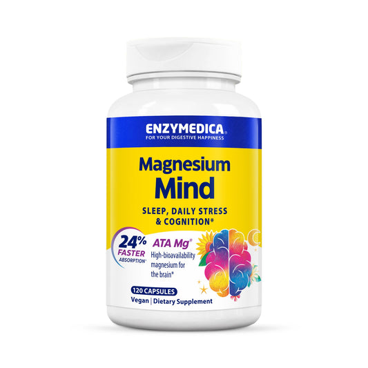 Enzymedica Magnesium Mind bottle highlights high-bioavailability formula for sleep support.