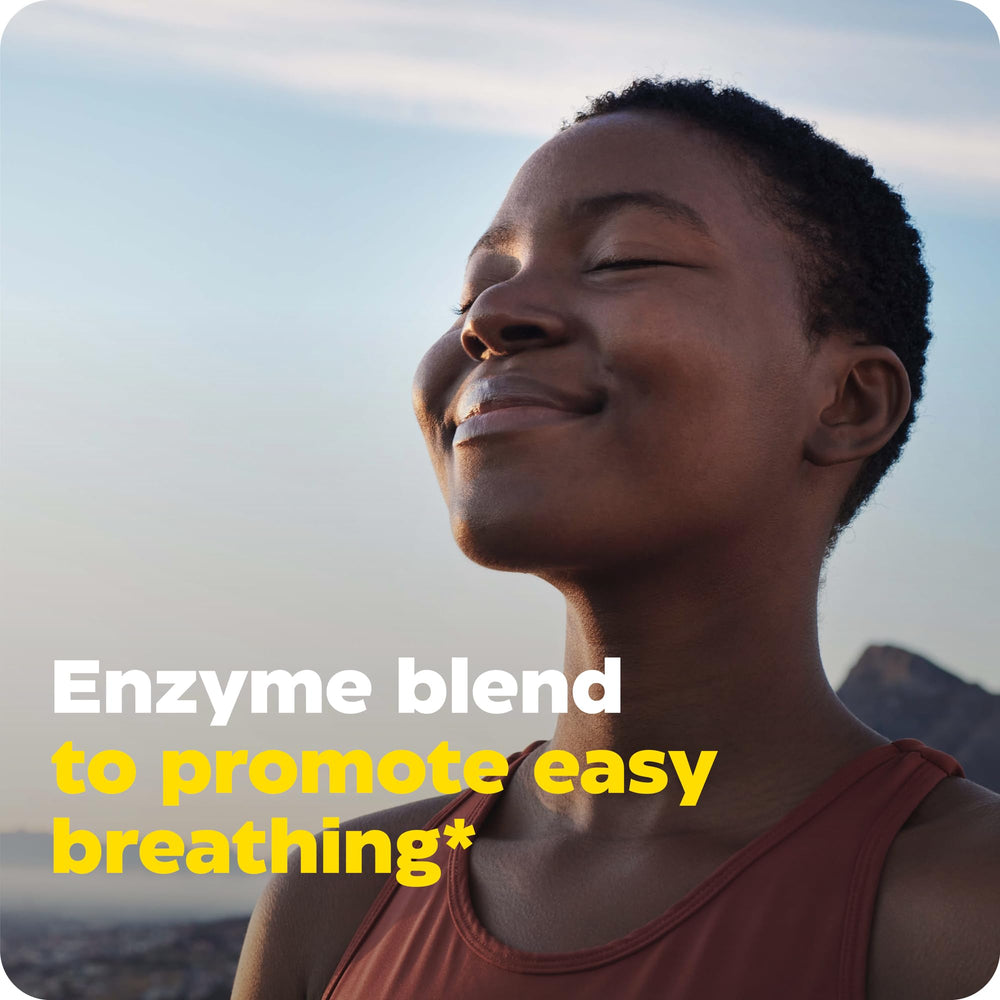 Label detail emphasizes mucus-busting enzymes aiding breathing support.