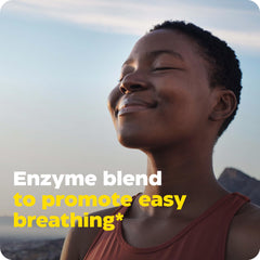 Label detail emphasizes mucus-busting enzymes aiding breathing support.