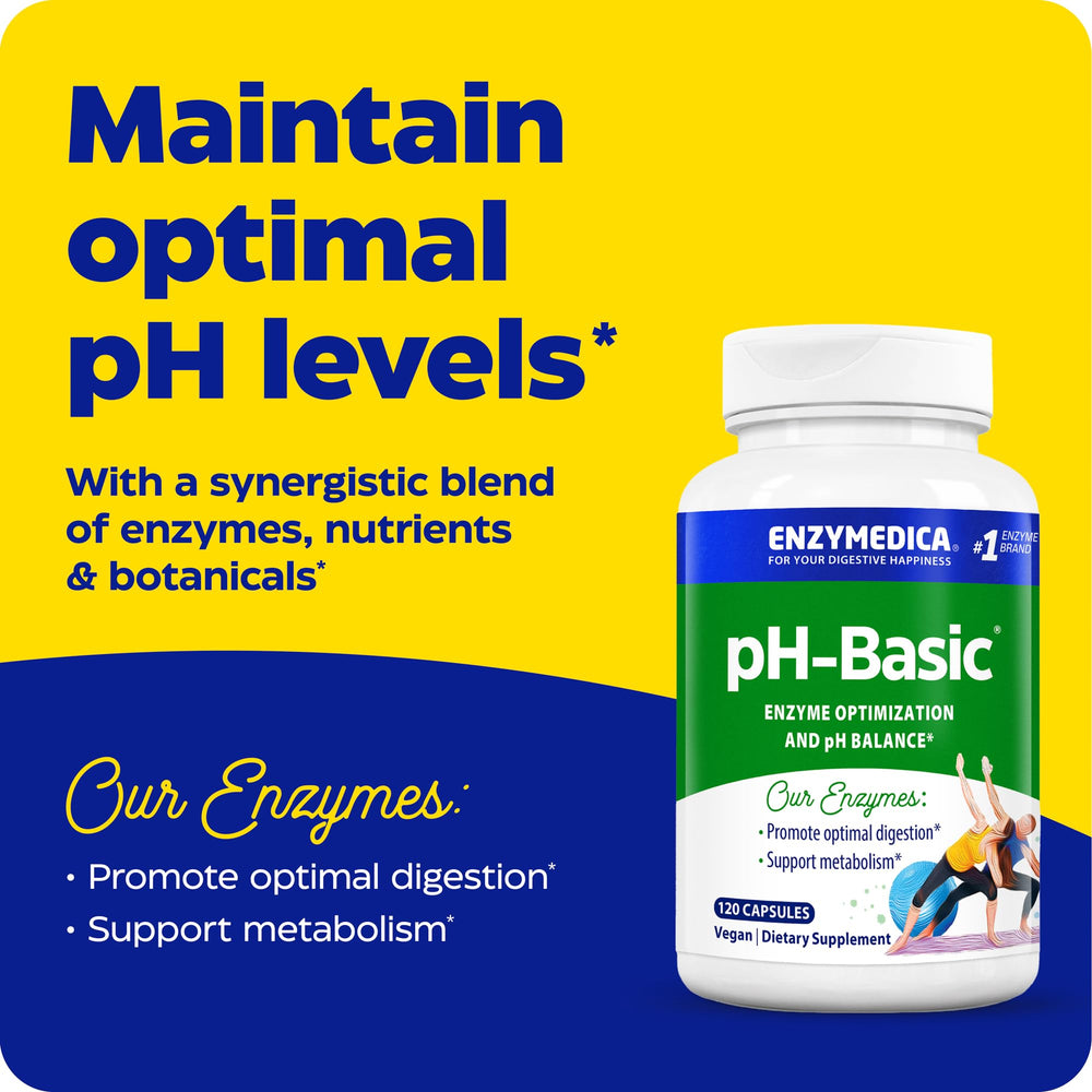 Enzymedica pH-Basic capsules in pack highlight enzyme optimization for digestion.