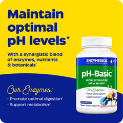 Enzymedica pH-Basic capsules in pack highlight enzyme optimization for digestion.