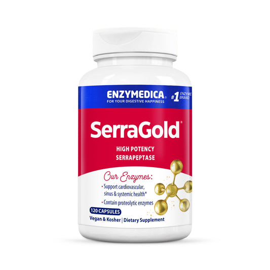 Enzymedica SerraGold bottle front promotes recovery and immune support.