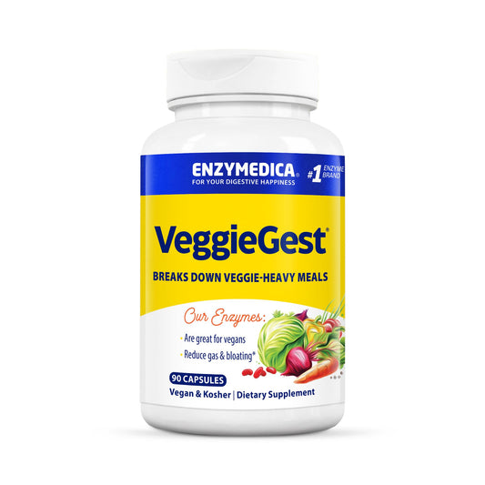 Enzymedica VeggieGest capsules offer plant-based digestion support after high-fiber meals.