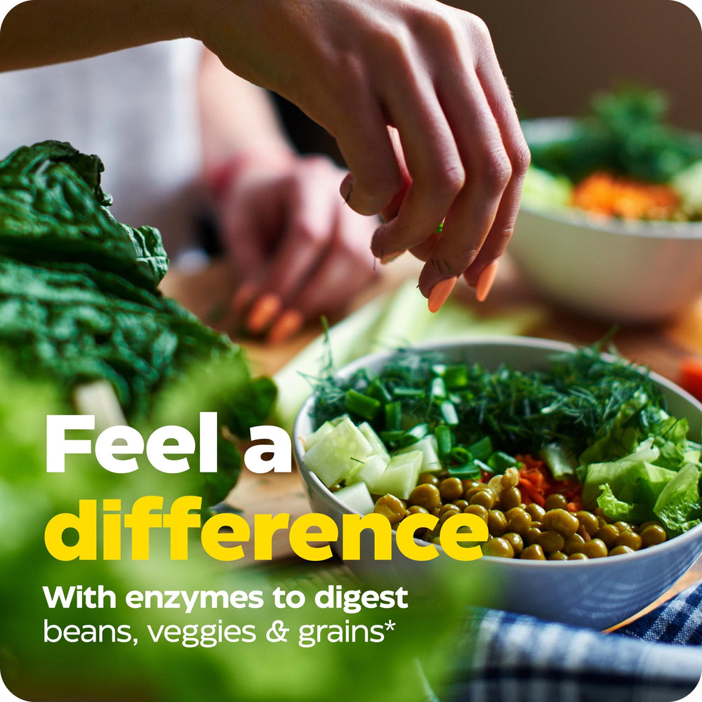 Ingredients panel highlights 12-enzyme blend for complete plant-based meal breakdown.