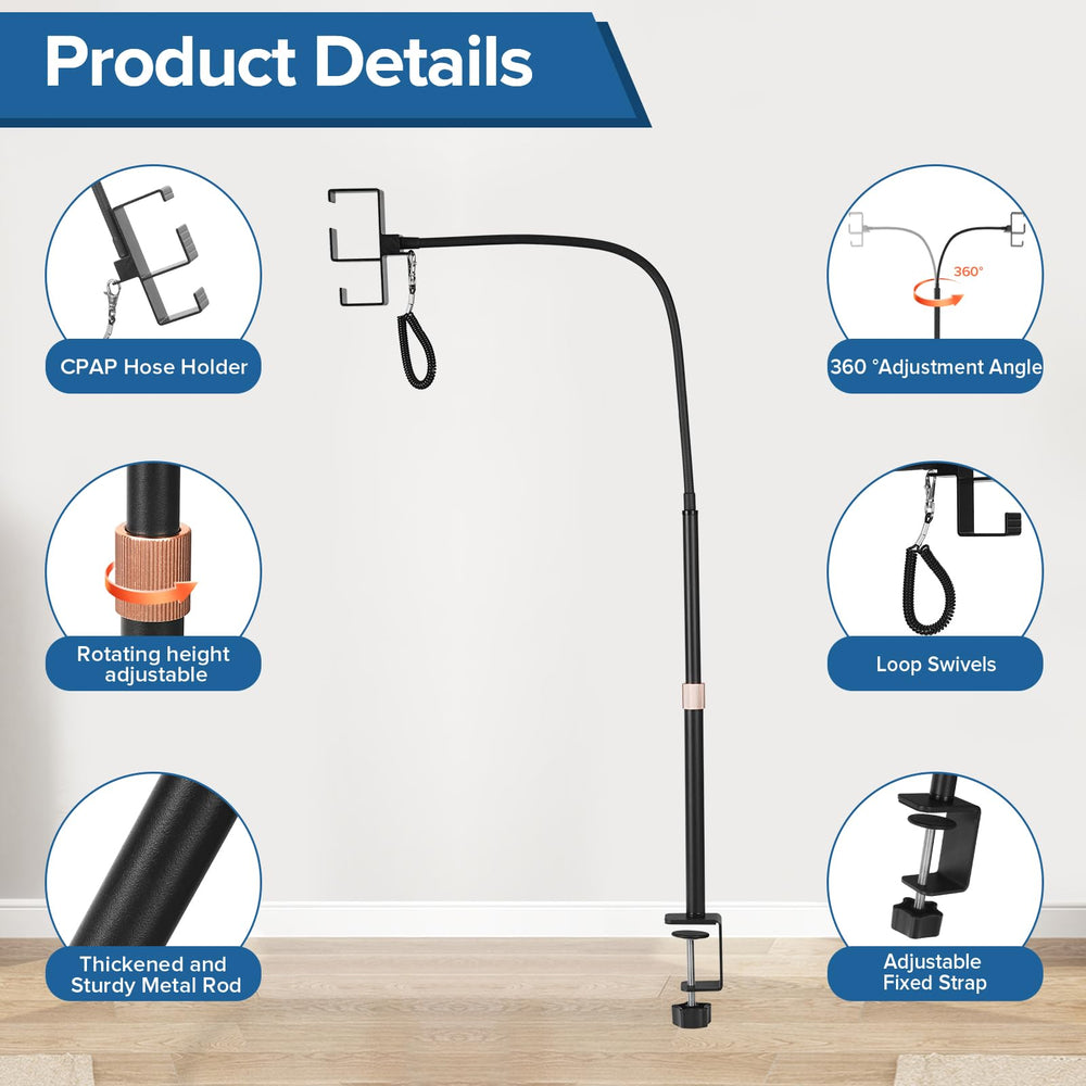 EonRivet CPAP hose holder clips to wall-free bedside setup