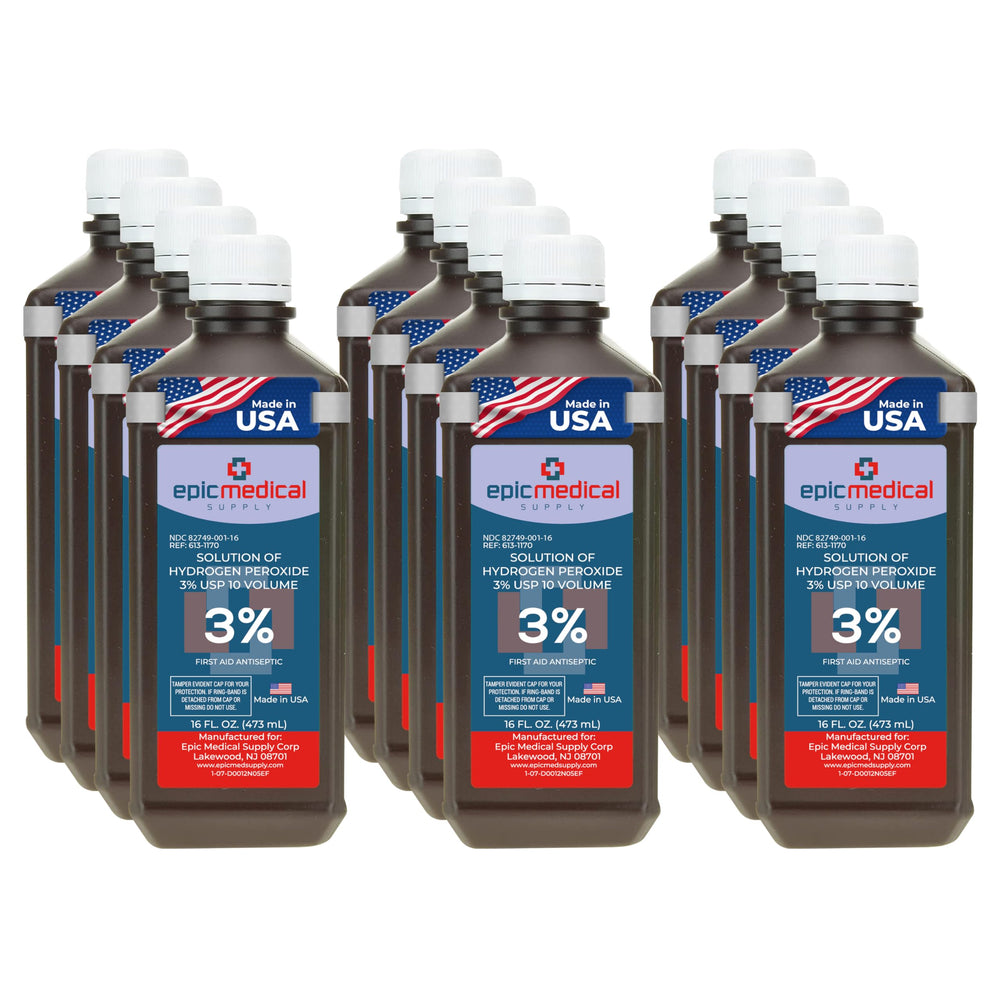 Epic Medical Supply H2O2 3% bottle pour shows clean, spill-free handling.
