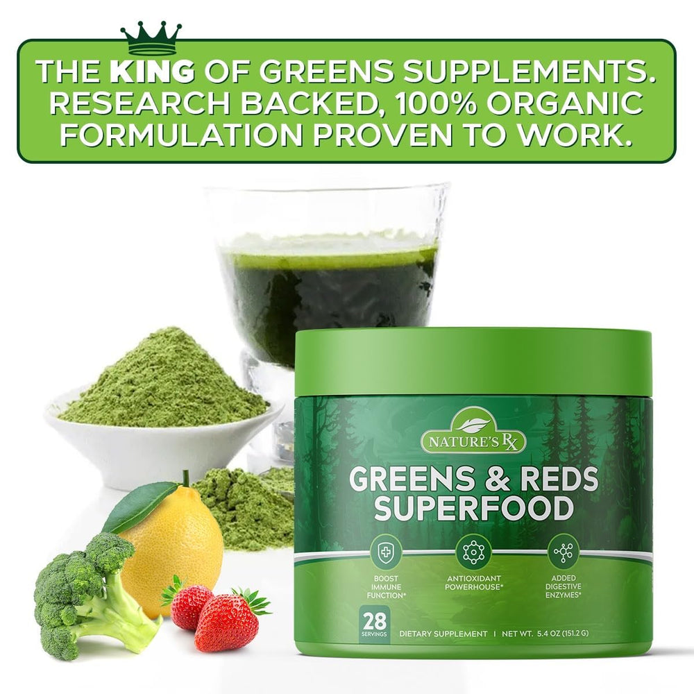 Nature's RX greens and reds mixed into smoothie for immune support potential.