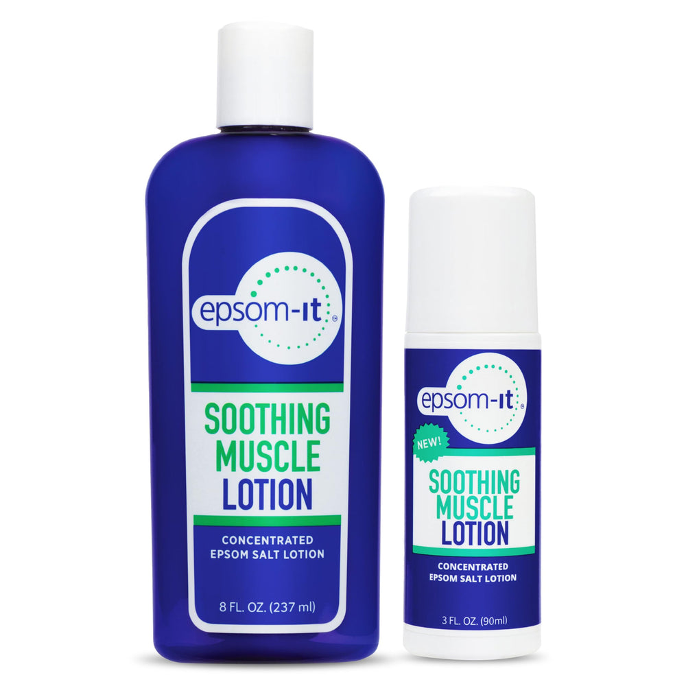 EPSOM-IT soothing muscle set bottle-lotion demonstrates fast-absorbing magnesium cream for targeted relief.