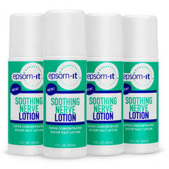 EPSOM-IT soothing nerve lotion roll-on bottle targets tired muscles for quick relief.