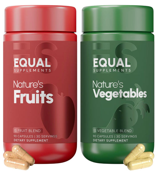 Equal Supplements bottle front with fruits and vegetables capsules for daily wellness
