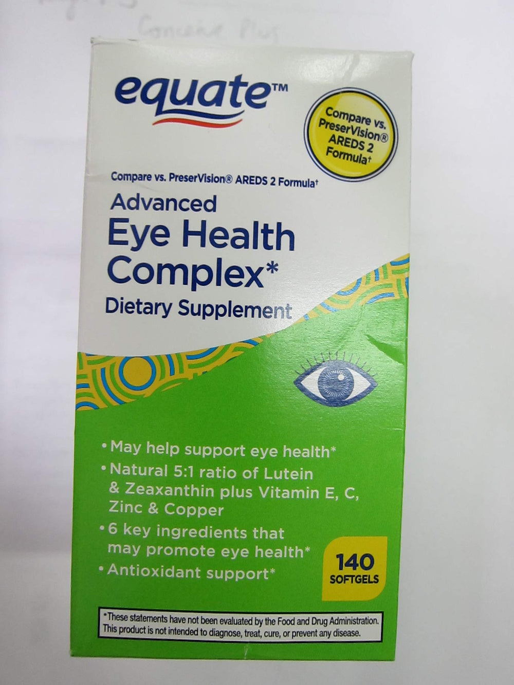Equate Advanced Eye Health Complex softgel bottle supports eye wellness with antioxidant nutrients.