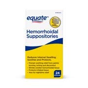 Equate hemorrhoidal suppositories pack of four, compact packaging for easy storage.
