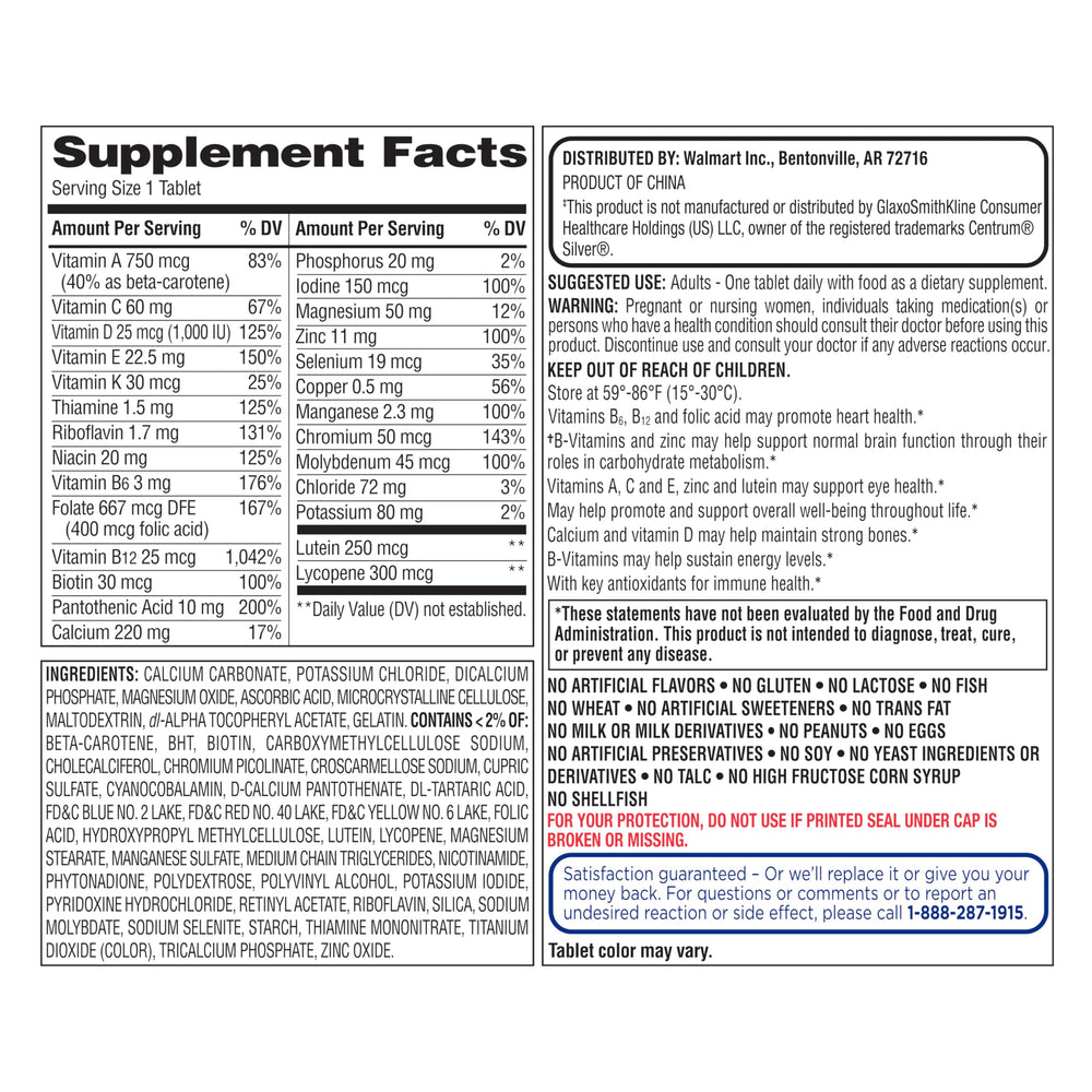 Equate Mature Adult 50+ capsules closeup highlights easy daily tablets for age-friendly nutrition.