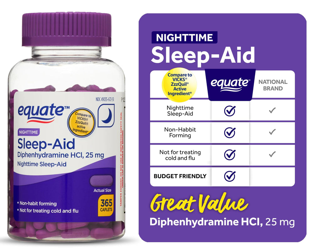 Close-up of Equate Nighttime Sleep Caplets highlighting 25 mg active ingredient.
