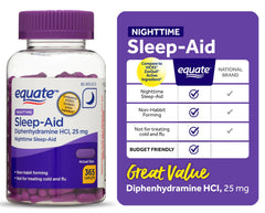 Close-up of Equate Nighttime Sleep Caplets highlighting 25 mg active ingredient.