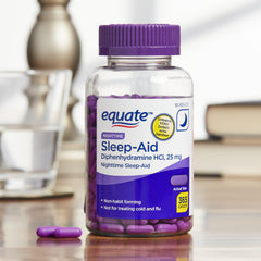 Label on Equate Nighttime Sleep Aid showing non-habit forming formula.