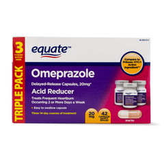 Equate Omeprazole Magnesium delayed-release bottle with easy-to-swallow capsules for frequent heartburn support