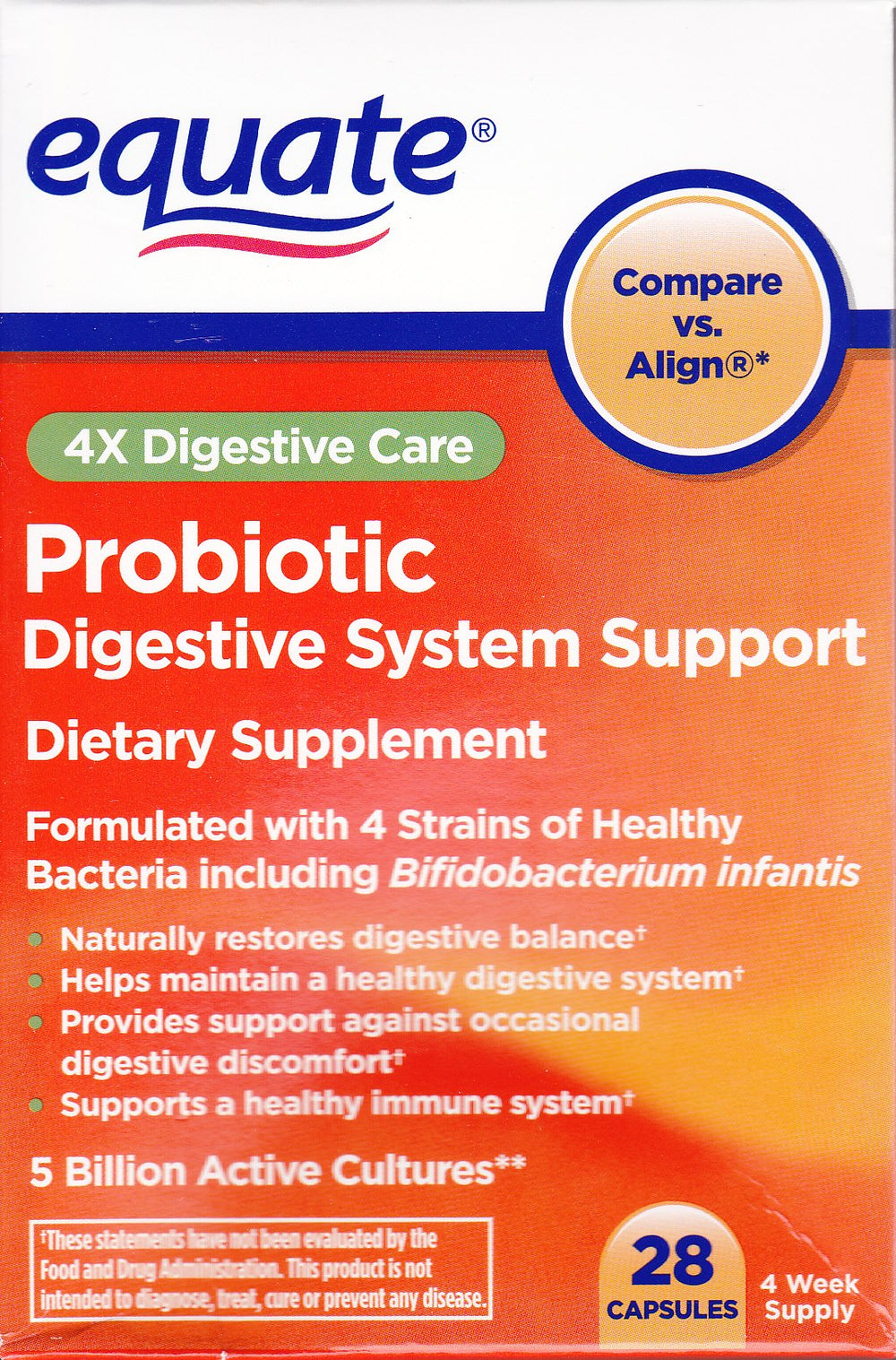 Equate Probiotic bottle pour demonstrates daily use for digestive balance.
