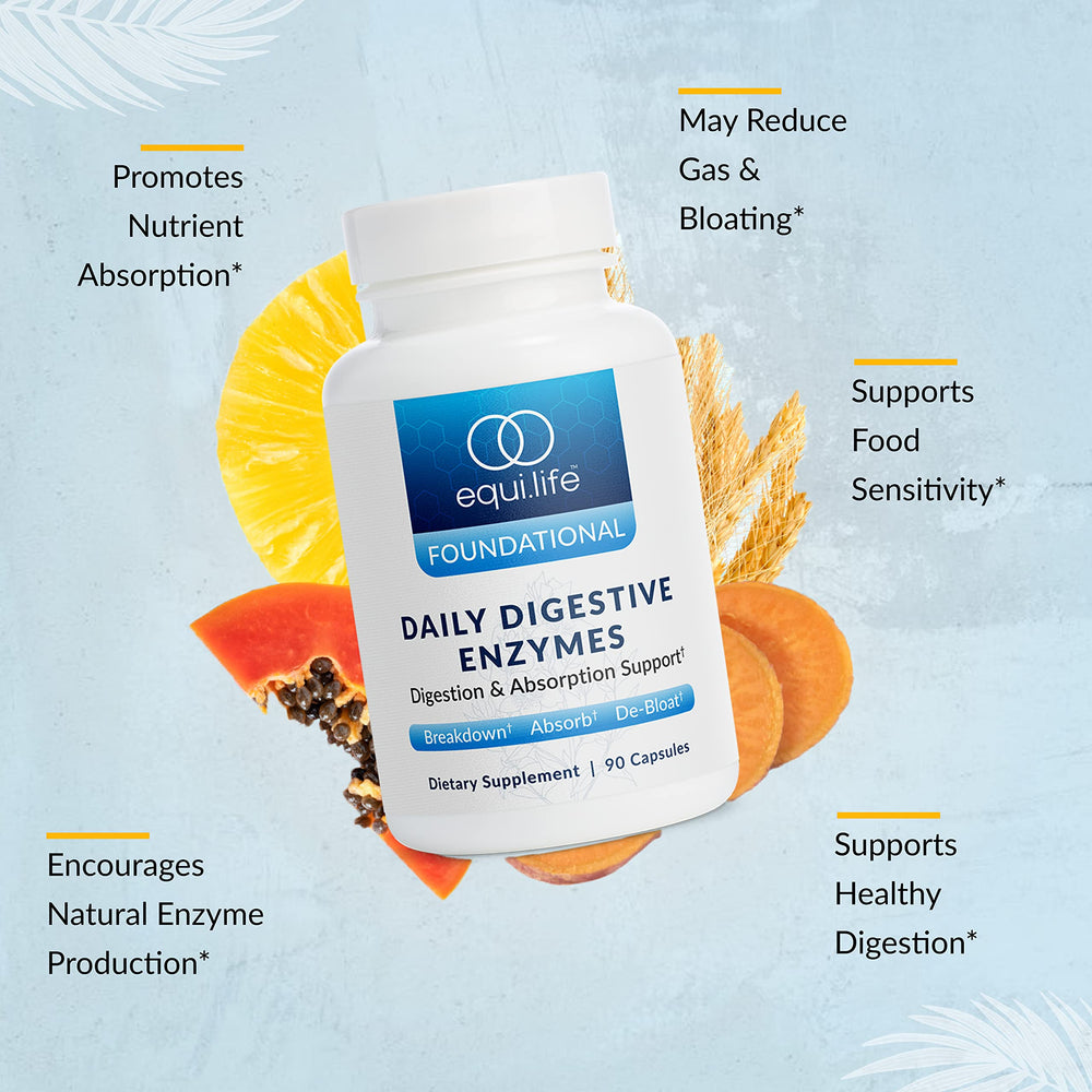 Equilife bottle label enzymes, focus on bromelain and lactase blend.