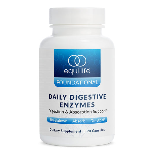 Equilife Daily Digestive Enzyme bottle front, vegan and gluten-free formula for daily digestion support.