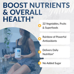 EquiLife Daily Fruit & Vegetable Blend bottle on counter suggests a simple wellness ritual.
