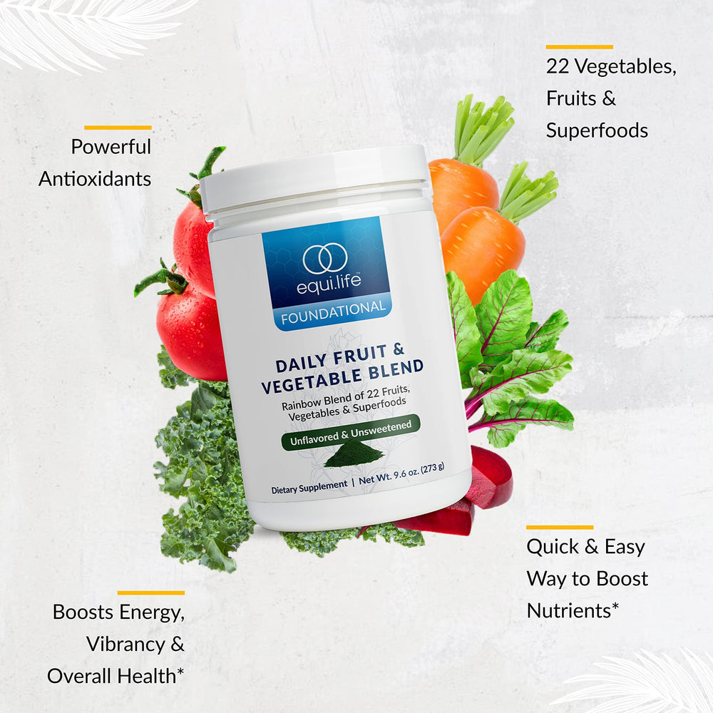 Close-up of EquiLife ingredients featuring a diverse mix of fruits, vegetables, and antioxidants