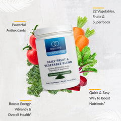 Close-up of EquiLife ingredients featuring a diverse mix of fruits, vegetables, and antioxidants