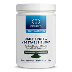 EquiLife Daily Fruit & Vegetable Blend tub label showing 22 organic ingredients for daily vitality