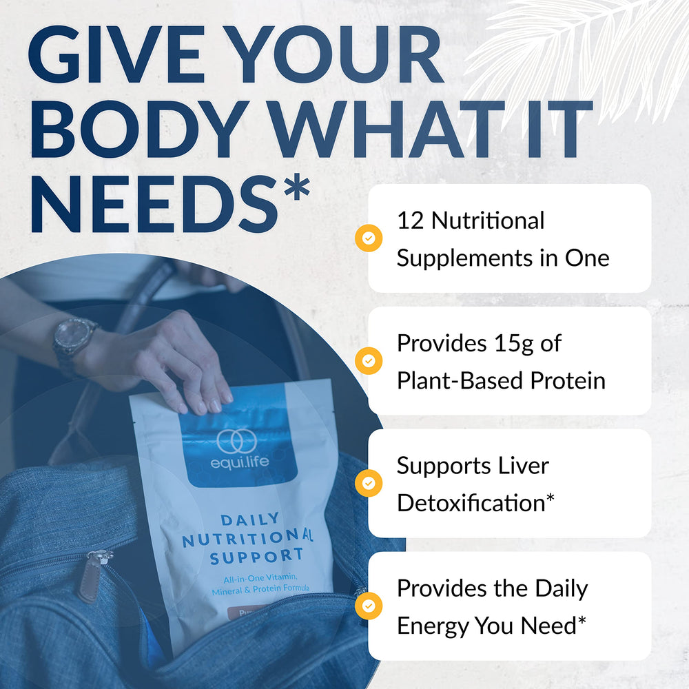 Equilife Daily Nutritional Support chocolate ingredients panel, shows essential vitamins and minerals.