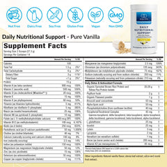 Equilife Daily Nutritional Support vanilla powder scoop highlights plant protein for steady energy