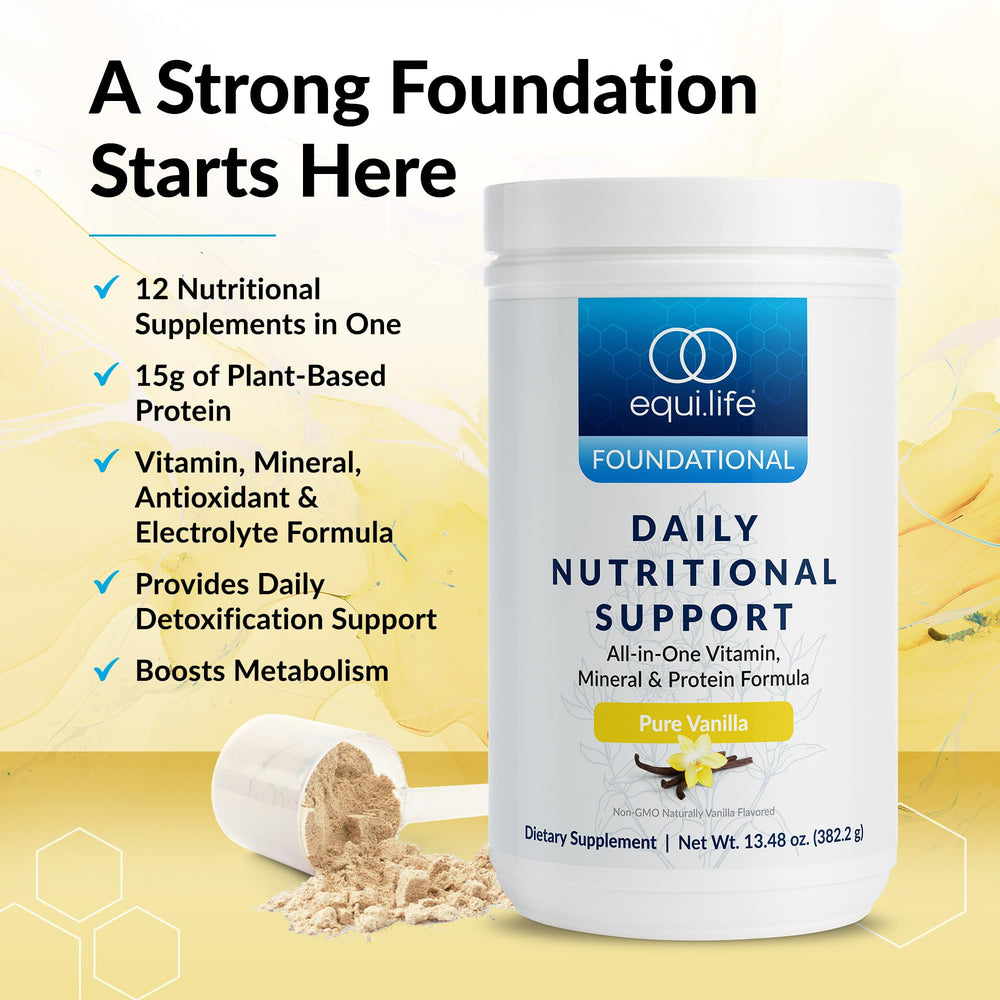 Equilife Daily Nutritional Support vanilla shake glass demonstrates on-the-go meal replacement